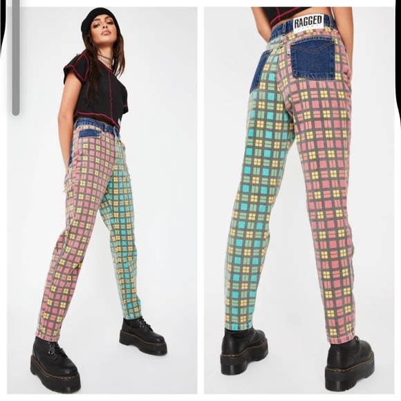 The Ragged Priest Hot Rod Mix Check Mom Jeans in Red & Green - Picture 3 of 15